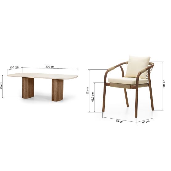 Set da giardino Rovigo tavolo con piano in pietra 220 cm e 6 sedie con corda intrecciata, legno scur