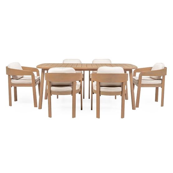 Set da giardino Satori, tavolo 183 cm + 6 sedie, legno di acacia FSC, effetto teak, beige, arrotonda