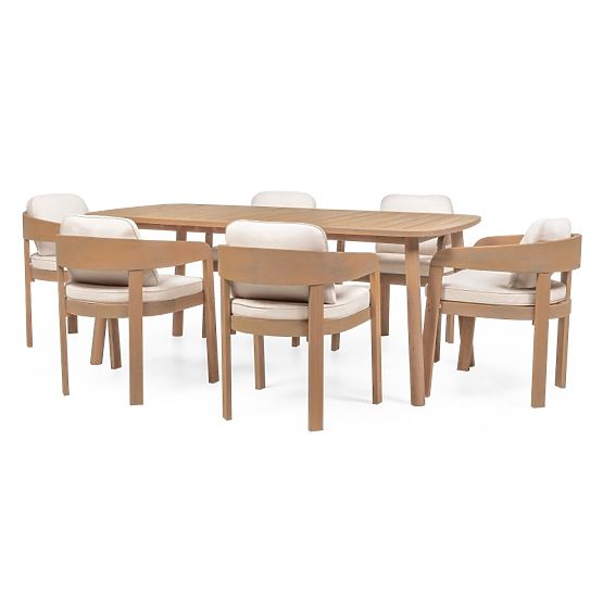 Set da giardino Satori, tavolo 183 cm + 6 sedie, legno di acacia FSC, effetto teak, beige, arrotonda