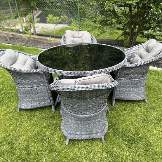 Set da pranzo in tecnorattan (tavolo rotondo + 4 poltrone) MODERNO grigio