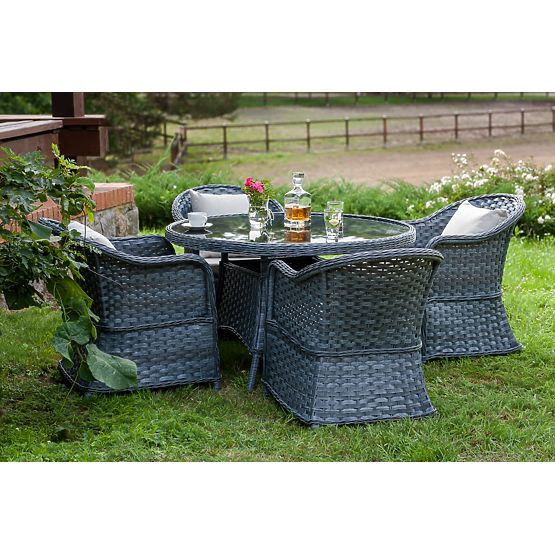 Set da pranzo in tecnorattan (tavolo rotondo + 4 poltrone) MODERNO grigio