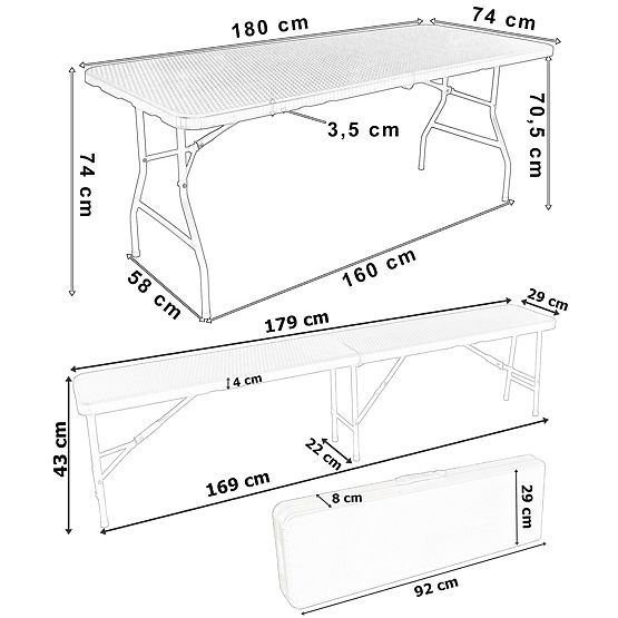 Set di catering Rattan marrone tavolo 180 cm + 2 panche