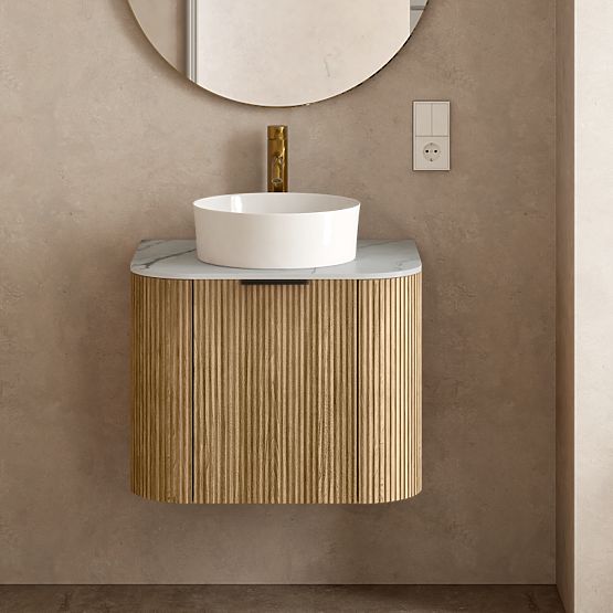 Set di mobile con piano e lavabo Matinale 60 cm, scanalato, arrotondato, Glit White/acacia