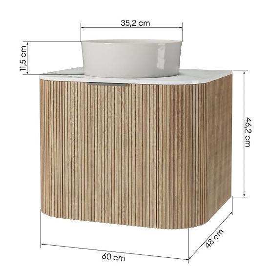 Set di mobile con piano e lavabo Matinale 60 cm, scanalato, arrotondato, Glit White/acacia