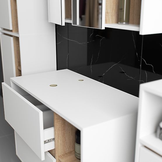 SET DI MOBILI DA BAGNO SOSPESI CON FORI VAMI BIANCO / ROVERE SONOMA