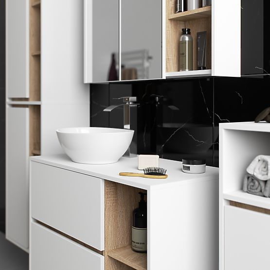 SET DI MOBILI DA BAGNO SOSPESI CON FORI VAMI BIANCO / ROVERE SONOMA