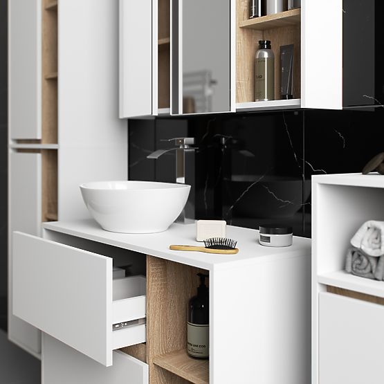 SET DI MOBILI DA BAGNO SOSPESI CON FORI VAMI BIANCO / ROVERE SONOMA