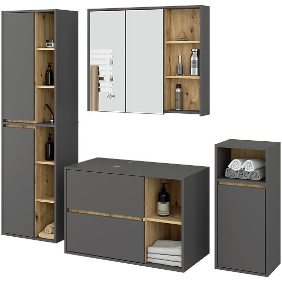 SET DI MOBILI DA BAGNO SOSPESI CON FORI VAMI GRIGIO GRAFITE / ROVERE ARTIGIANO