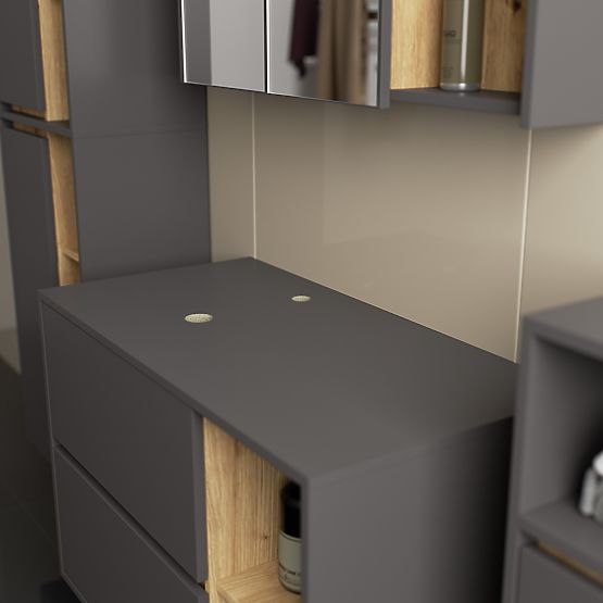 SET DI MOBILI DA BAGNO SOSPESI CON FORI VAMI GRIGIO GRAFITE / ROVERE ARTIGIANO