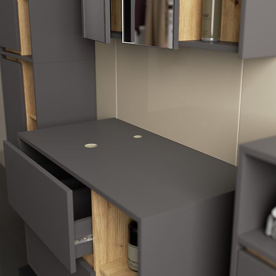 SET DI MOBILI DA BAGNO SOSPESI CON FORI VAMI GRIGIO GRAFITE / ROVERE ARTIGIANO