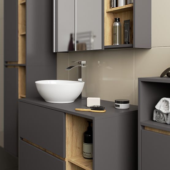 SET DI MOBILI DA BAGNO SOSPESI CON FORI VAMI GRIGIO GRAFITE / ROVERE ARTIGIANO