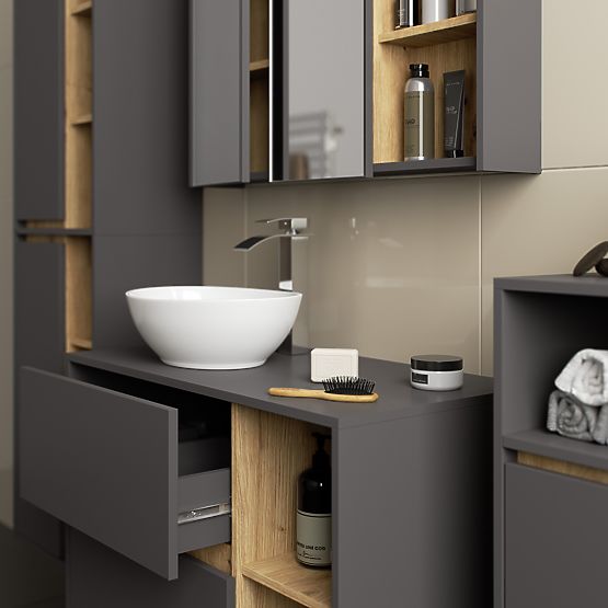 SET DI MOBILI DA BAGNO SOSPESI CON FORI VAMI GRIGIO GRAFITE / ROVERE ARTIGIANO