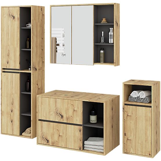 SET DI MOBILI DA BAGNO SOSPESI CON FORI VAMI ROVERE ARTIGIANALE / GRAFITE GRIGIO