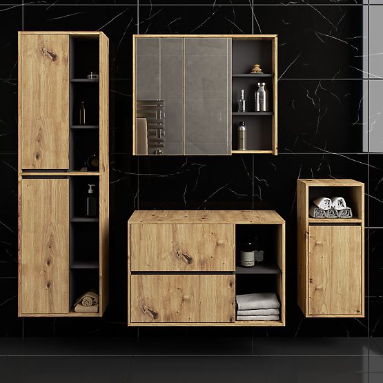 SET DI MOBILI DA BAGNO SOSPESI CON FORI VAMI ROVERE ARTIGIANALE / GRAFITE GRIGIO