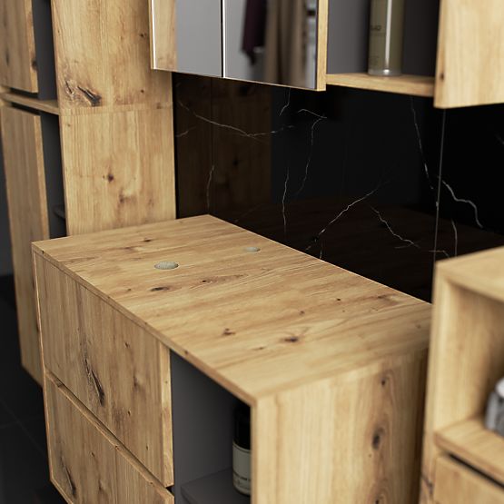 SET DI MOBILI DA BAGNO SOSPESI CON FORI VAMI ROVERE ARTIGIANALE / GRAFITE GRIGIO