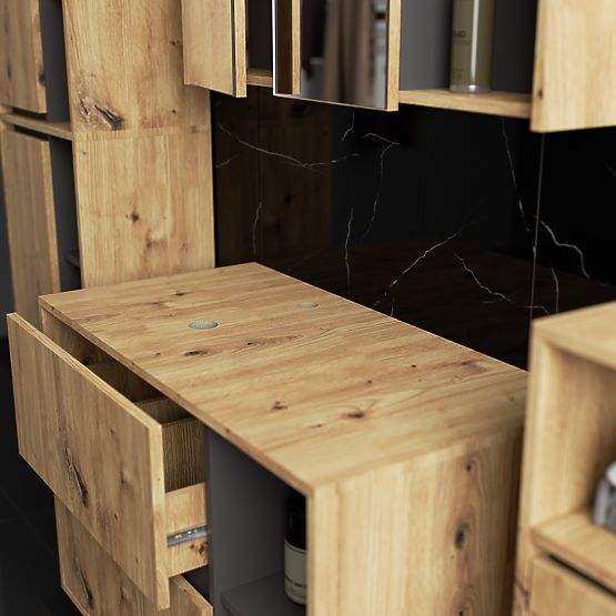 SET DI MOBILI DA BAGNO SOSPESI CON FORI VAMI ROVERE ARTIGIANALE / GRAFITE GRIGIO