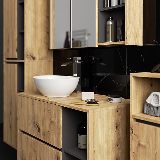 SET DI MOBILI DA BAGNO SOSPESI CON FORI VAMI ROVERE ARTIGIANALE / GRAFITE GRIGIO