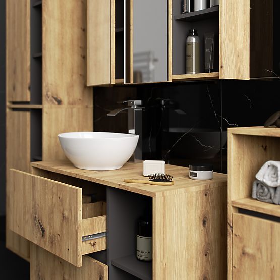 SET DI MOBILI DA BAGNO SOSPESI CON FORI VAMI ROVERE ARTIGIANALE / GRAFITE GRIGIO