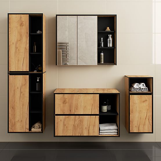 SET DI MOBILI DA BAGNO SOSPESI CON FORI VAMI ROVERE CRAFT / NERO