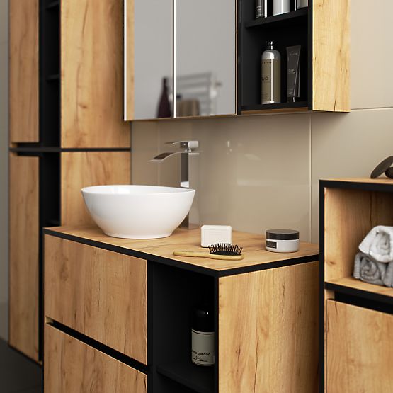 SET DI MOBILI DA BAGNO SOSPESI CON FORI VAMI ROVERE CRAFT / NERO