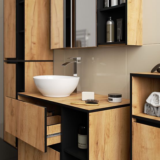 SET DI MOBILI DA BAGNO SOSPESI CON FORI VAMI ROVERE CRAFT / NERO