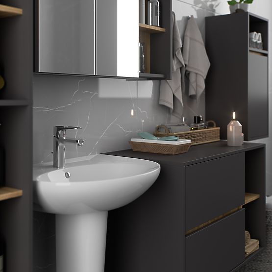 SET DI MOBILI DA BAGNO SOSPESI VAMI GRAFITE GRIGIO / ROVERE ARTIGIANO