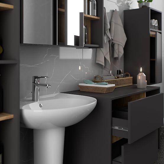 SET DI MOBILI DA BAGNO SOSPESI VAMI GRAFITE GRIGIO / ROVERE ARTIGIANO