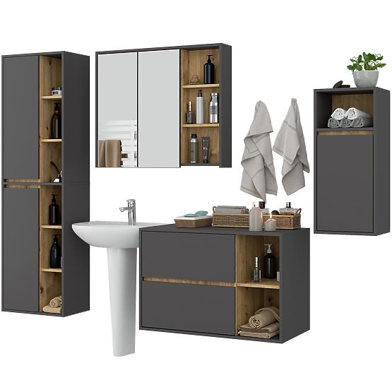 SET DI MOBILI DA BAGNO SOSPESI VAMI GRAFITE GRIGIO / ROVERE ARTIGIANO