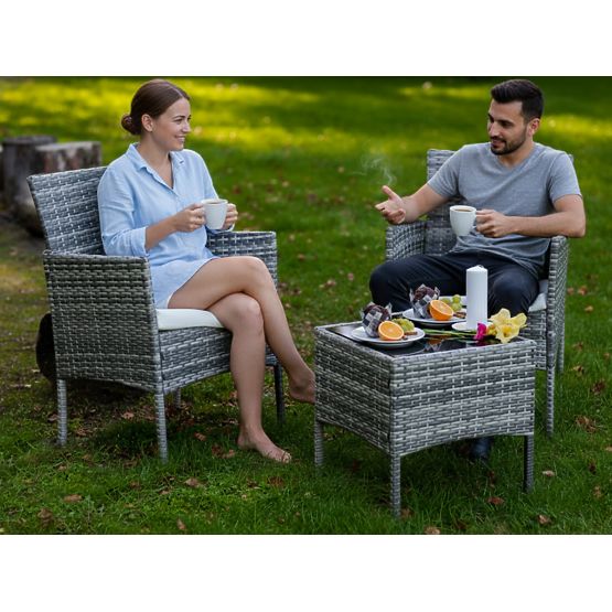 Set di mobili da balcone (2 x poltrona + tavolino) SANO in rattan sintetico grigio