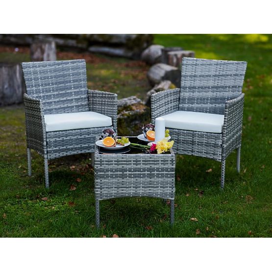 Set di mobili da balcone (2 x poltrona + tavolino) SANO in rattan sintetico grigio