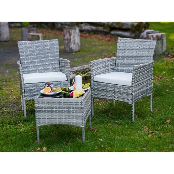 Set di mobili da balcone (2 x poltrona + tavolino) SANO in rattan sintetico grigio