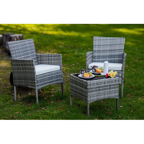 Set di mobili da balcone (2 x poltrona + tavolino) SANO in rattan sintetico grigio