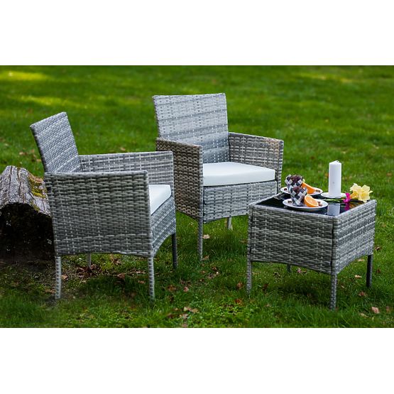 Set di mobili da balcone (2 x poltrona + tavolino) SANO in rattan sintetico grigio