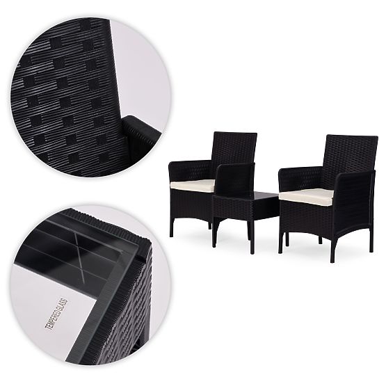 Set di mobili da giardino 2 poltrone + tavolino in vetro temperato nero MultiGarden
