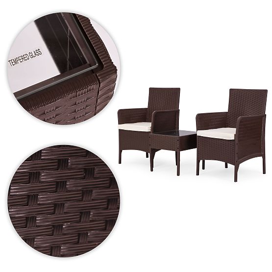 Set di mobili da giardino 2 poltrone + tavolino vetro temperato marrone MultiGarden