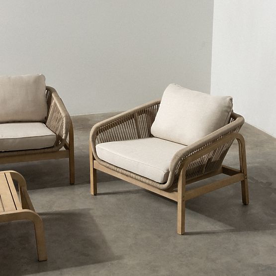 Set di mobili da giardino Belpasso, intrecciato, legno di eucalipto FSC, effetto teak, beige chiaro