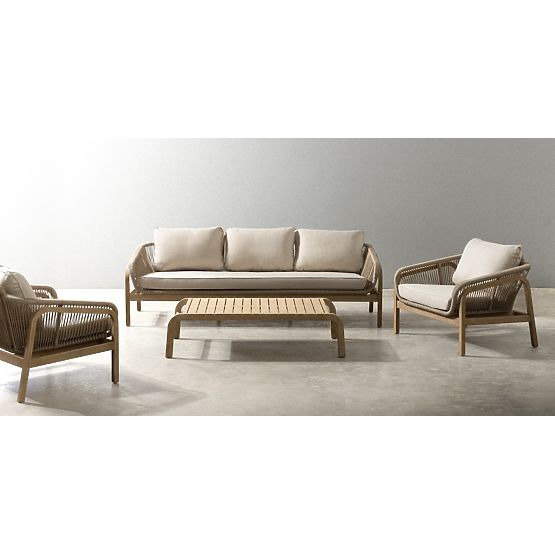 Set di mobili da giardino Belpasso, intrecciato, legno di eucalipto FSC, effetto teak, beige chiaro