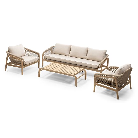 Set di mobili da giardino Belpasso, intrecciato, legno di eucalipto FSC, effetto teak, beige chiaro