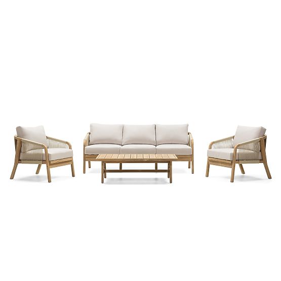 Set di mobili da giardino Castello, intrecciato, legno di acacia FSC, aspetto teak, beige