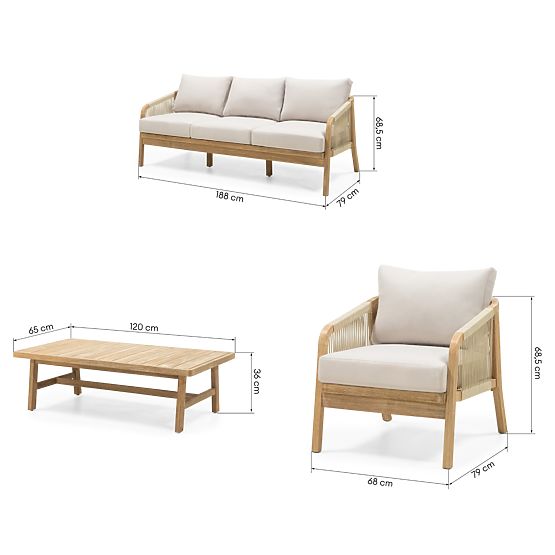 Set di mobili da giardino Castello, intrecciato, legno di acacia FSC, aspetto teak, beige