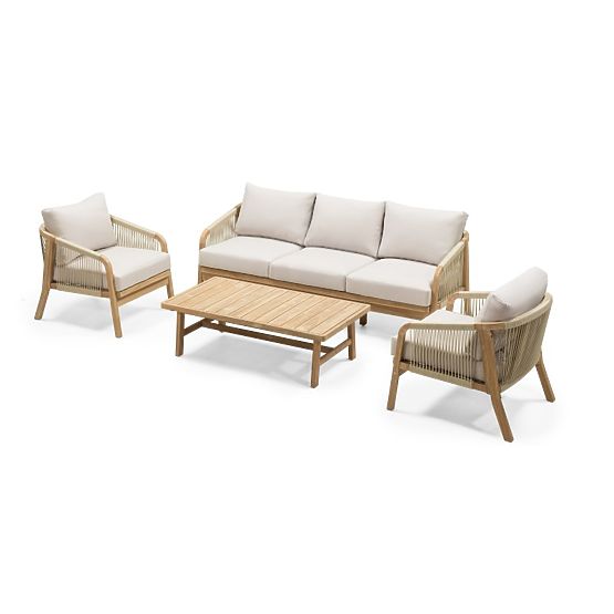 Set di mobili da giardino Castello, intrecciato, legno di acacia FSC, aspetto teak, beige