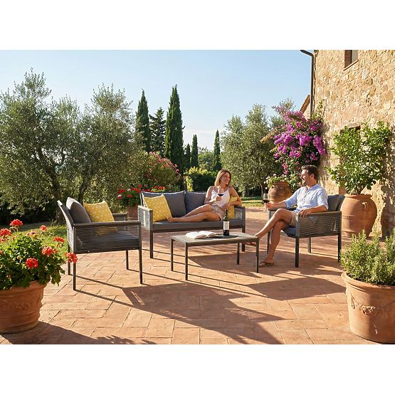 Set di mobili da giardino in alluminio (2 poltrone, divano + tavolino) CORTO rattan tecnico grigio r