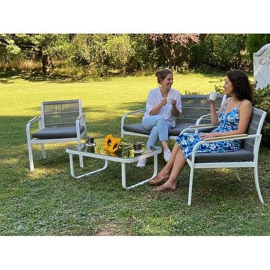 Set di mobili da giardino in alluminio (2 poltrone, divano + tavolino) RARO bianco, grigio