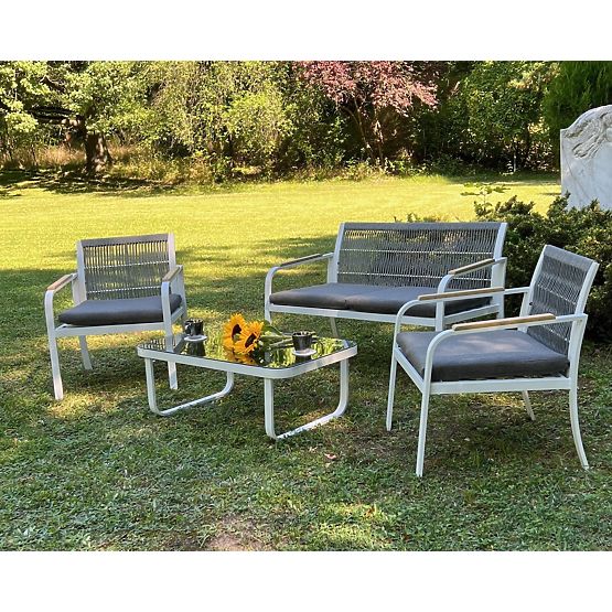 Set di mobili da giardino in alluminio (2 poltrone, divano + tavolino) RARO bianco, grigio