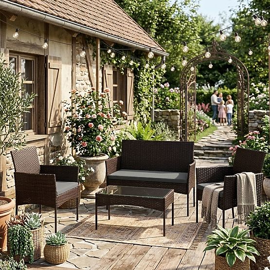 Set di mobili da giardino in technorattan panca tavolo sedie marrone scuro MultiGarden