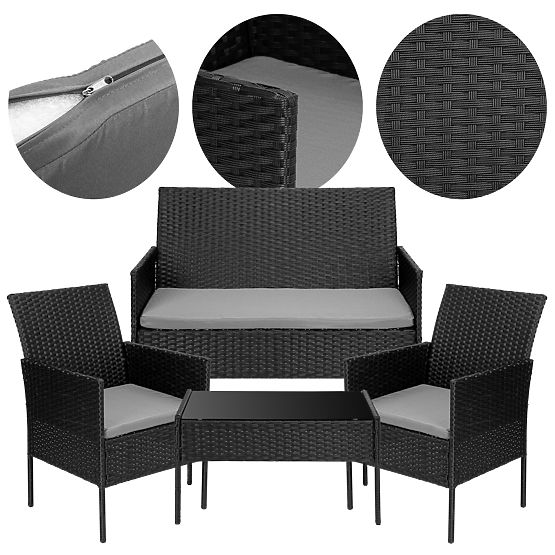 Set di mobili da giardino in tecnorattan MAGNOLIA nero con cuscini grigi