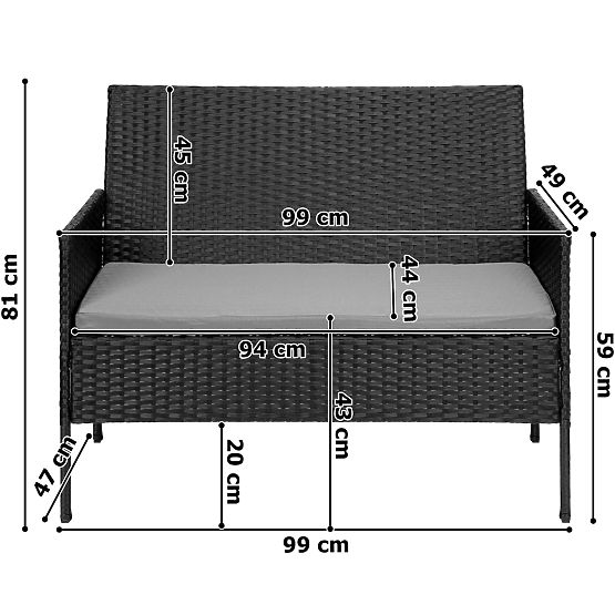 Set di mobili da giardino in tecnorattan MAGNOLIA nero con cuscini grigi