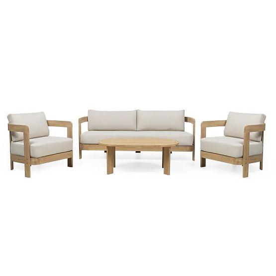 Set di mobili da giardino Japandi in legno di acacia FSC, aspetto teak, beige chiaro, arrotondato