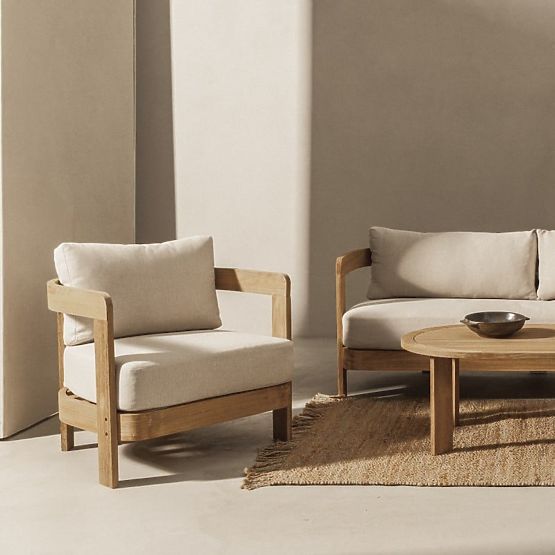 Set di mobili da giardino Japandi in legno di acacia FSC, aspetto teak, beige chiaro, arrotondato