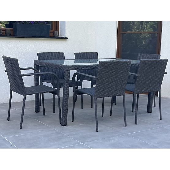 Set di mobili da pranzo in tecnorattan (tavolo 150×90 cm + 6 sedie) AVVICENTE, nero
